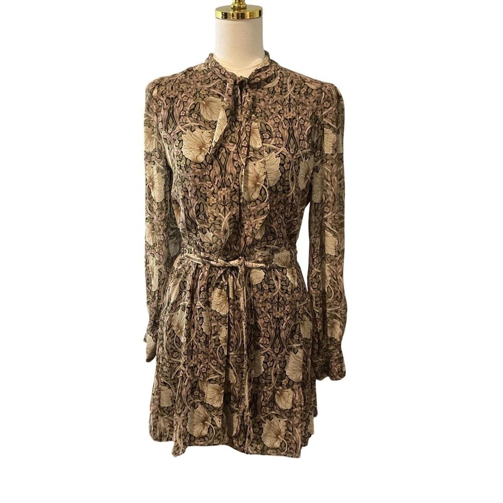 Paige x Morris & Co Vittoria Dress Women S Tan Floral Silk NWT Tie‎ Neck Mini